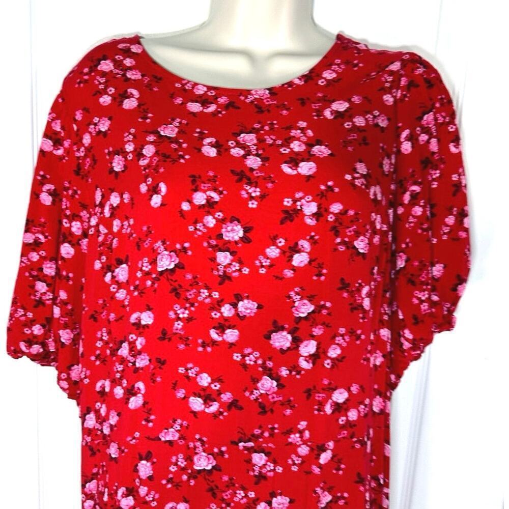 Old Navy Womans Sz XXL Midi Dress Puff Sleeve Floral Red Back Cut Out Smocked - Picture 6 of 9